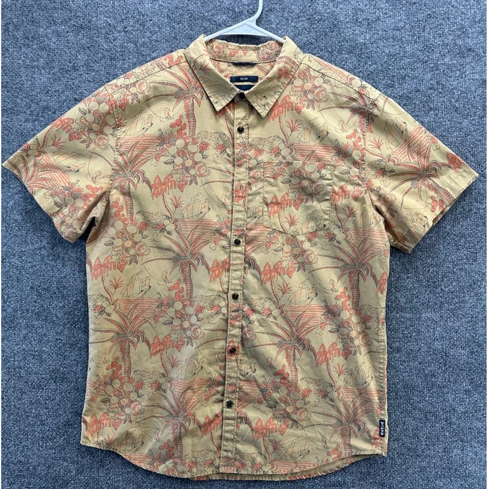 Prana Mens Slim Fit Short Sleeve Button Down Shirt Tan Palm Tree Print Large
